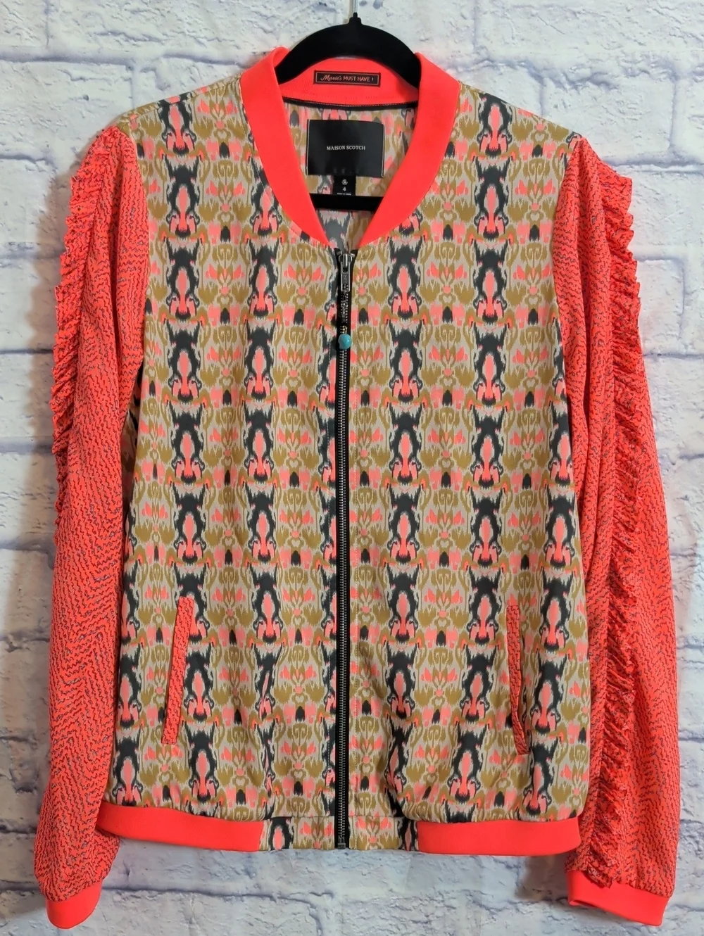 Maison Scotch Coral Colorful Patterned Bomber/Varsity Jacket - Size 4